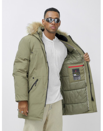 Мужская зимняя парка удлиненная с мехом цвета хаки для активного отдыха в Тюмени