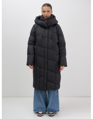 Длинный женский пуховик с капюшоном, чёрный. в Тюмени