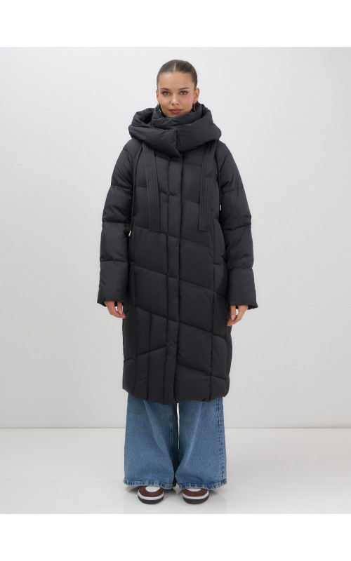 Длинный женский пуховик с капюшоном, чёрный. в Тюмени