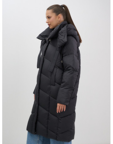 Длинный женский пуховик с капюшоном, чёрный. в Тюмени