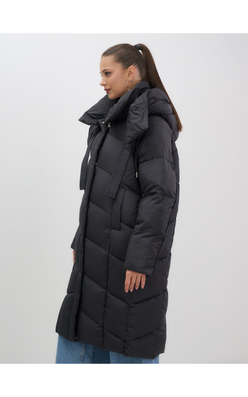 Длинный женский пуховик с капюшоном, чёрный. в Тюмени