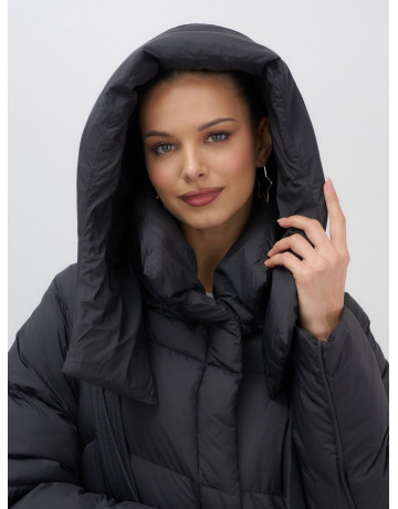 Длинный женский пуховик с капюшоном, чёрный. в Тюмени