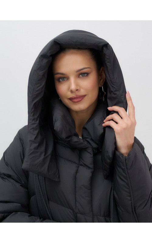 Длинный женский пуховик с капюшоном, чёрный. в Тюмени