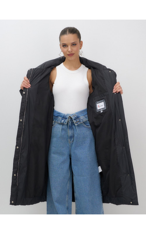 Длинный женский пуховик с капюшоном, чёрный. в Тюмени