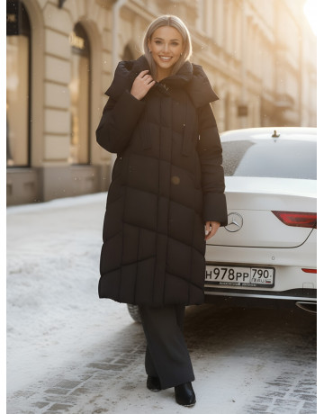 Длинный женский пуховик с капюшоном для зимы