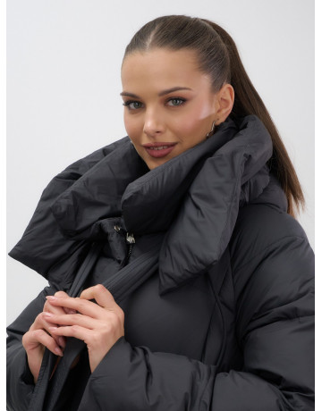Длинный женский пуховик с капюшоном, чёрный. в Тюмени