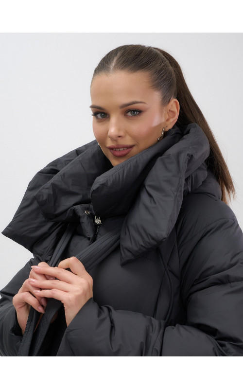 Длинный женский пуховик с капюшоном, чёрный. в Тюмени