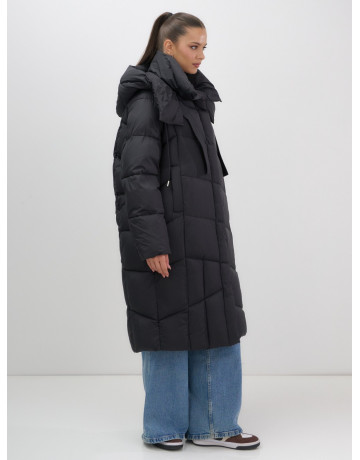 Длинный женский пуховик с капюшоном, чёрный. в Тюмени