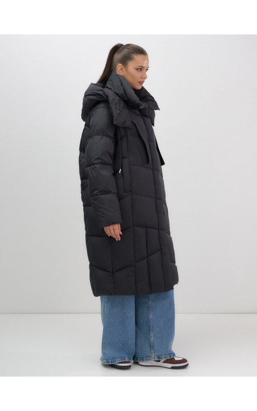 Длинный женский пуховик с капюшоном, чёрный. в Тюмени