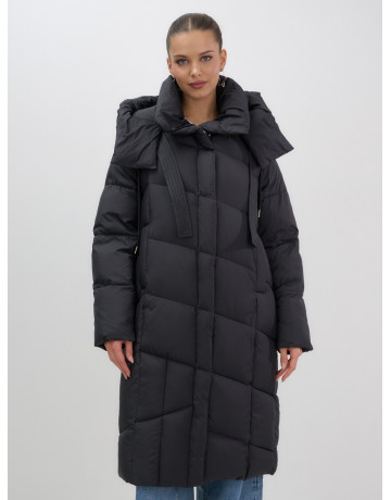 Длинный женский пуховик с капюшоном, чёрный. в Тюмени