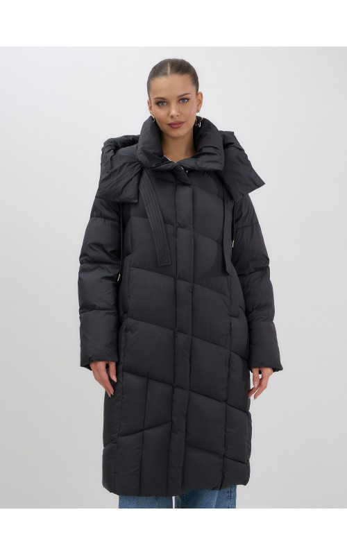 Длинный женский пуховик с капюшоном, чёрный. в Тюмени