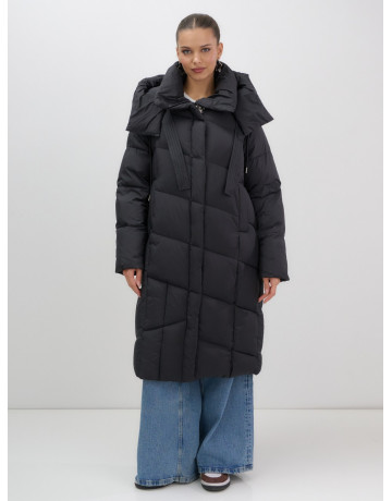 Длинный женский пуховик с капюшоном, чёрный. в Тюмени