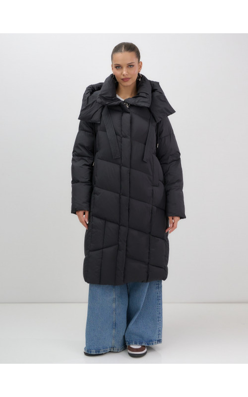 Длинный женский пуховик с капюшоном, чёрный. в Тюмени
