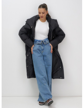 Длинный женский пуховик с капюшоном, чёрный. в Тюмени