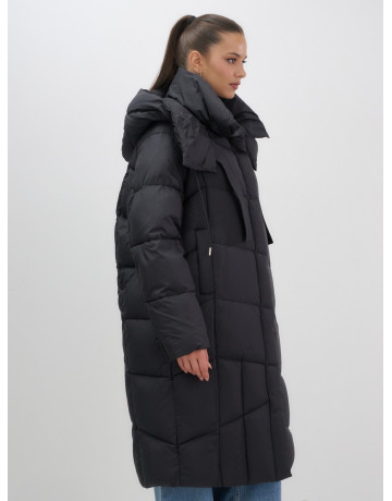 Длинный женский пуховик с капюшоном, чёрный. в Тюмени