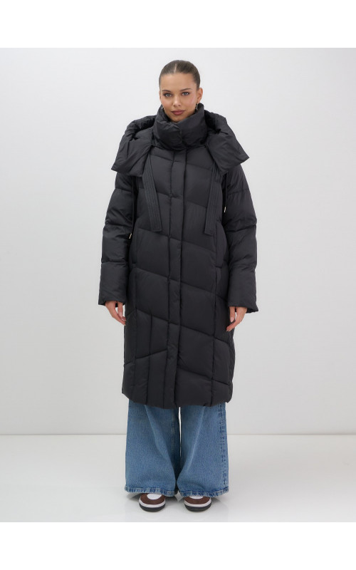 Длинный женский пуховик с капюшоном, чёрный. в Тюмени