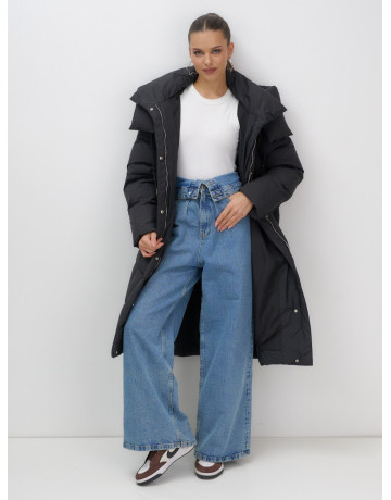 Длинный женский пуховик с капюшоном, чёрный. в Тюмени