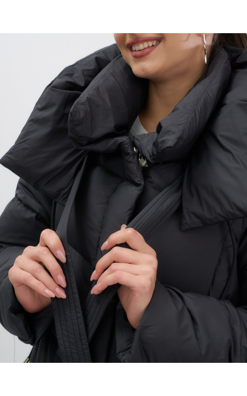 Длинный женский пуховик с капюшоном, чёрный. в Тюмени