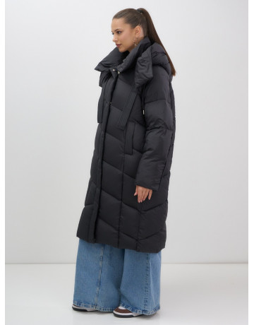 Длинный женский пуховик с капюшоном, чёрный. в Тюмени