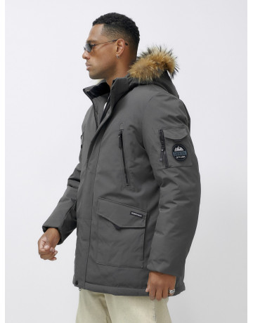 Мужская зимняя удлиненная парка с мехом, тёмно-серая, для активного отдыха в Тюмени