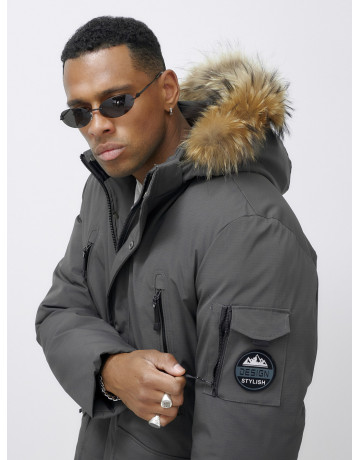 Мужская зимняя удлиненная парка с мехом, тёмно-серая, для активного отдыха в Тюмени
