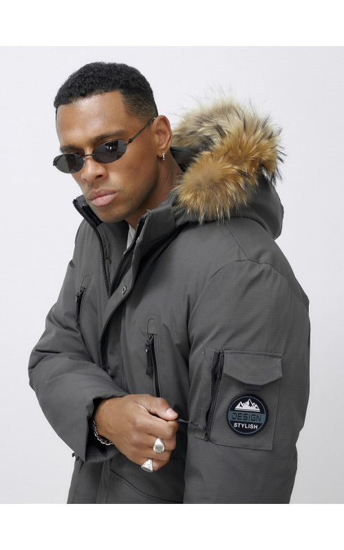Мужская зимняя удлиненная парка с мехом, тёмно-серая, для активного отдыха в Тюмени