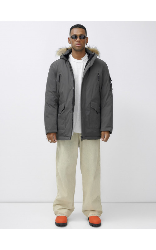 Мужская зимняя удлиненная парка с мехом, тёмно-серая, для активного отдыха в Тюмени