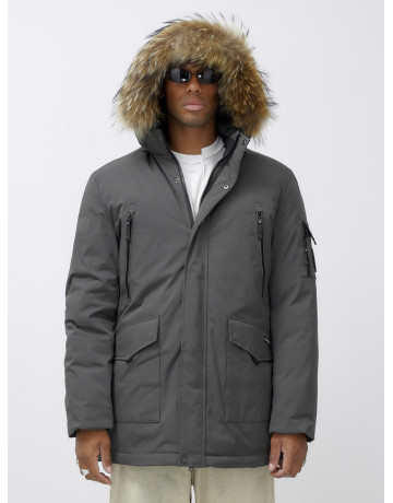 Мужская зимняя удлиненная парка с мехом, тёмно-серая, для активного отдыха в Тюмени