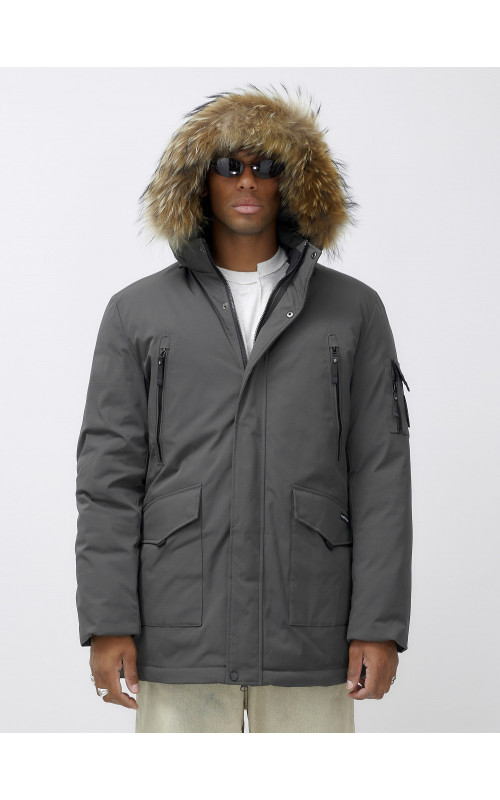 Мужская зимняя удлиненная парка с мехом, тёмно-серая, для активного отдыха в Тюмени