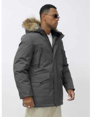 Мужская зимняя удлиненная парка с мехом, тёмно-серая, для активного отдыха в Тюмени