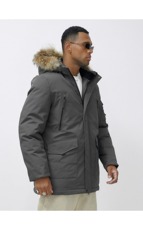 Мужская зимняя удлиненная парка с мехом, тёмно-серая, для активного отдыха в Тюмени