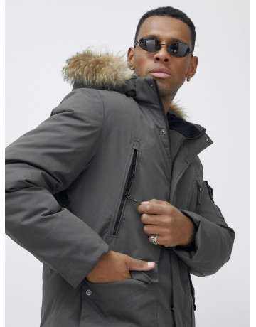Мужская зимняя удлиненная парка с мехом, тёмно-серая, для активного отдыха в Тюмени