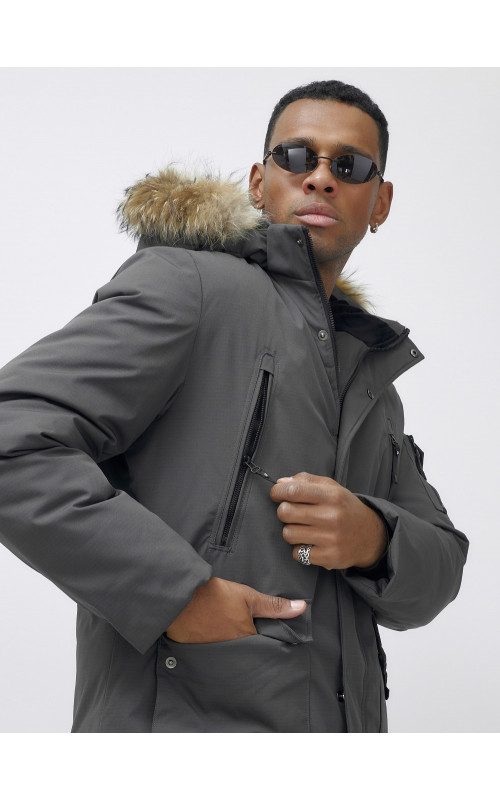 Мужская зимняя удлиненная парка с мехом, тёмно-серая, для активного отдыха в Тюмени