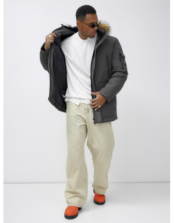 Мужская зимняя удлиненная парка с мехом, тёмно-серая, для активного отдыха в Тюмени