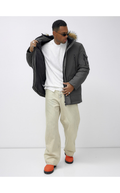 Мужская зимняя удлиненная парка с мехом, тёмно-серая, для активного отдыха в Тюмени