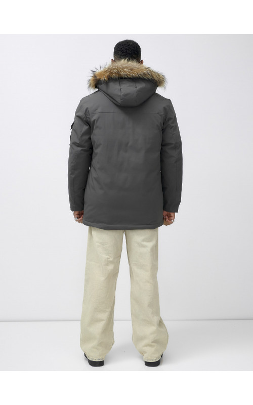 Мужская зимняя удлиненная парка с мехом, тёмно-серая, для активного отдыха в Тюмени