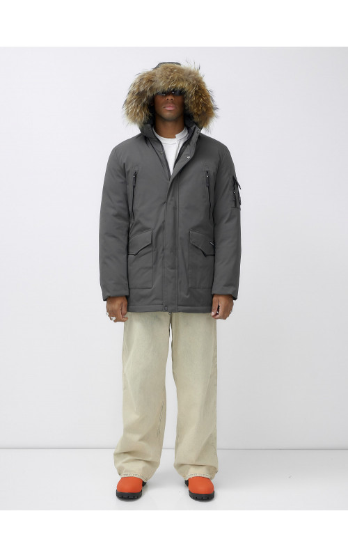 Мужская зимняя удлиненная парка с мехом, тёмно-серая, для активного отдыха в Тюмени