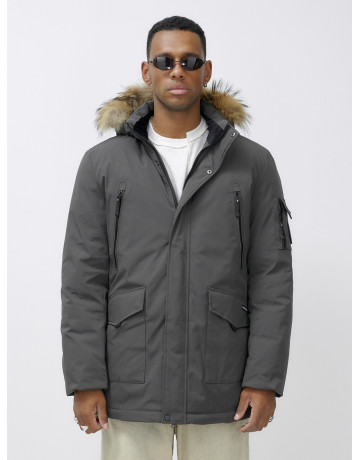 Мужская зимняя удлиненная парка с мехом, тёмно-серая, для активного отдыха в Тюмени