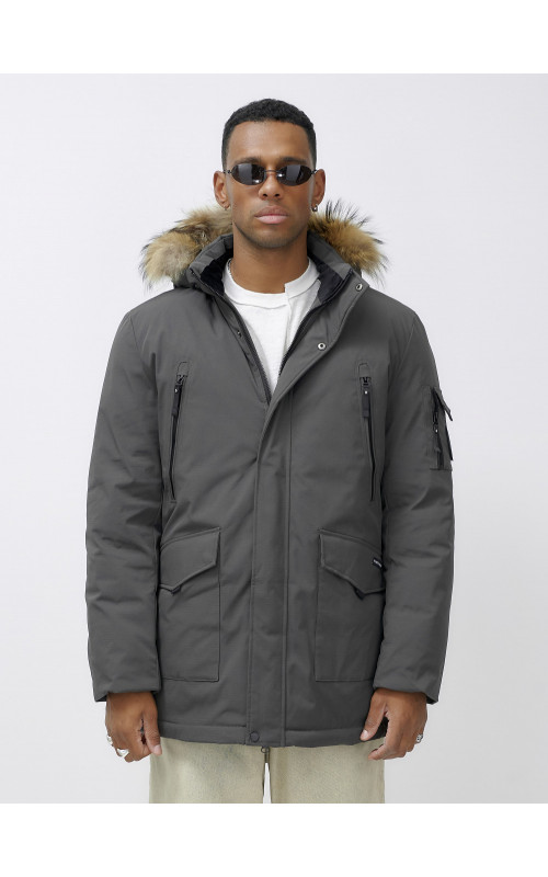 Мужская зимняя удлиненная парка с мехом, тёмно-серая, для активного отдыха в Тюмени