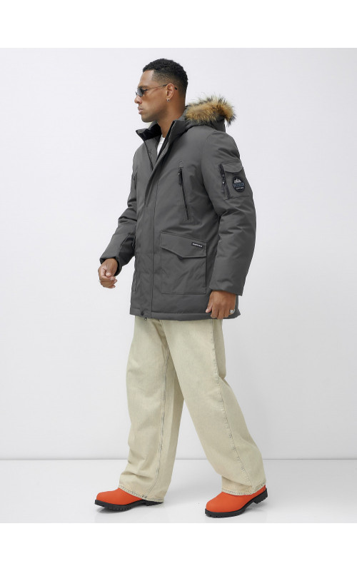Мужская зимняя удлиненная парка с мехом, тёмно-серая, для активного отдыха в Тюмени