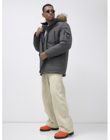 Мужская зимняя удлиненная парка с мехом, тёмно-серая, для активного отдыха в Тюмени