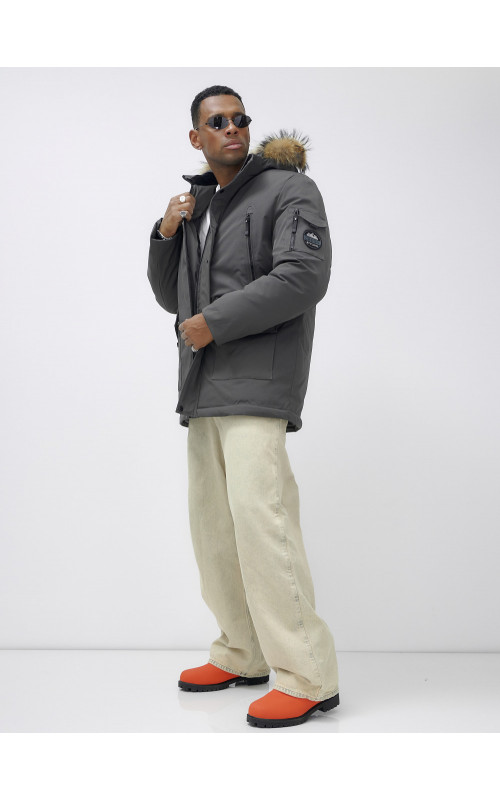 Мужская зимняя удлиненная парка с мехом, тёмно-серая, для активного отдыха в Тюмени