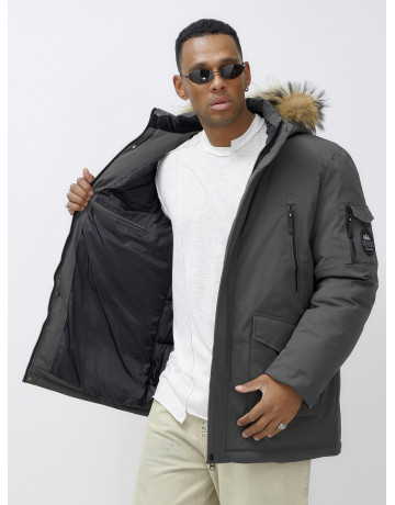 Мужская зимняя удлиненная парка с мехом, тёмно-серая, для активного отдыха в Тюмени