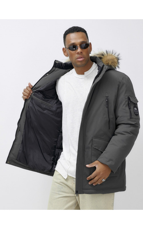 Мужская зимняя удлиненная парка с мехом, тёмно-серая, для активного отдыха в Тюмени