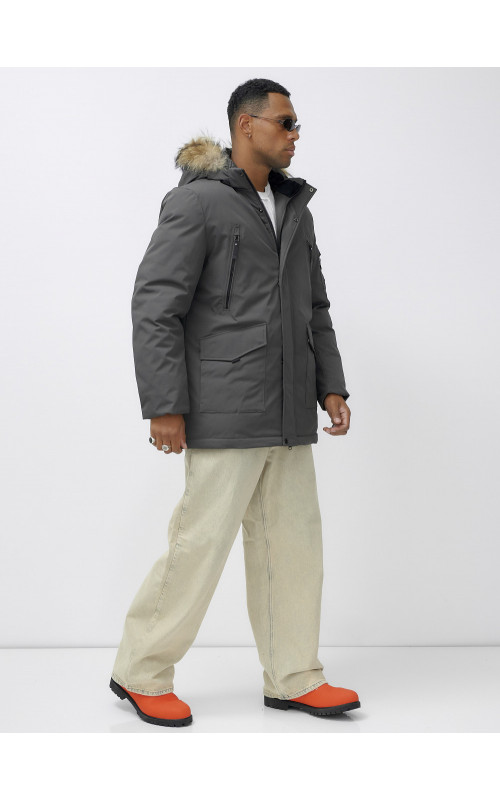 Мужская зимняя удлиненная парка с мехом, тёмно-серая, для активного отдыха в Тюмени