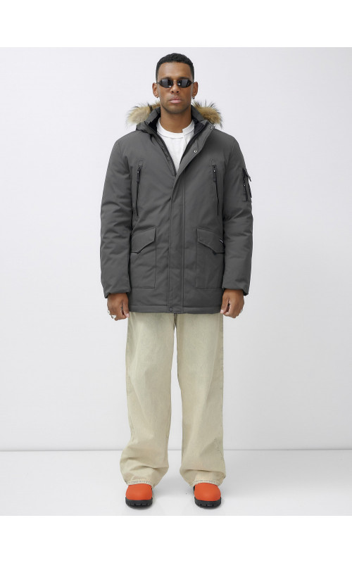 Мужская зимняя удлиненная парка с мехом, тёмно-серая, для активного отдыха в Тюмени
