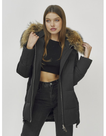 Пуховик женский зимний с мехом енота, чёрный премиум-класса в Тюмени