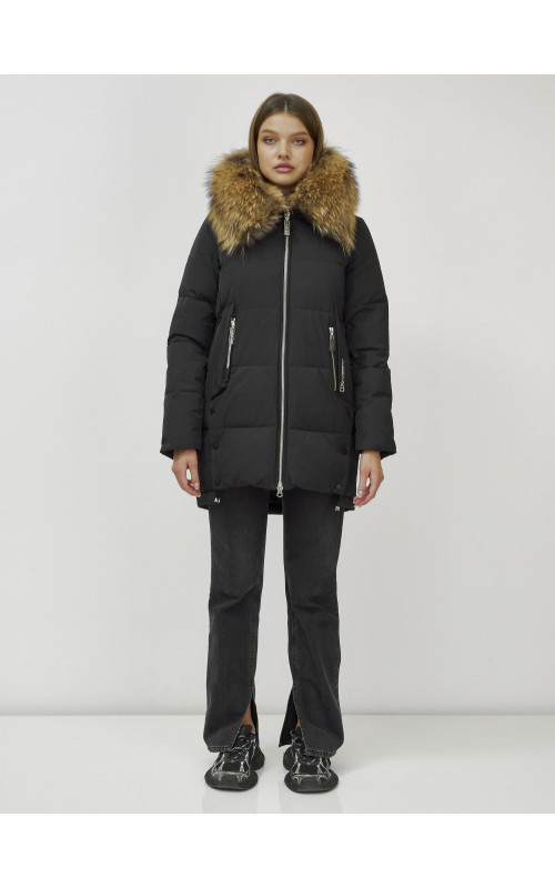 Пуховик женский зимний с мехом енота, чёрный премиум-класса в Тюмени
