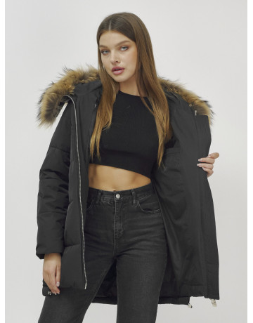 Пуховик женский зимний с мехом енота, чёрный премиум-класса в Тюмени