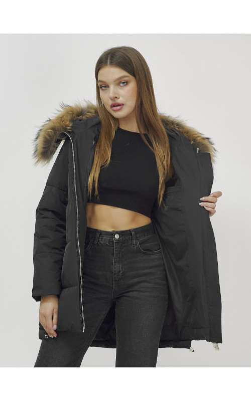 Пуховик женский зимний с мехом енота, чёрный премиум-класса в Тюмени